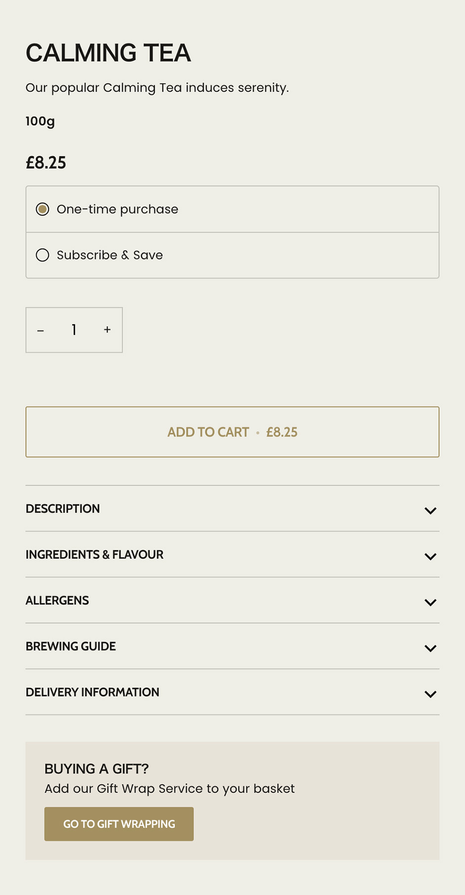 Shopify website design for The Tea House Mobile View Product Page