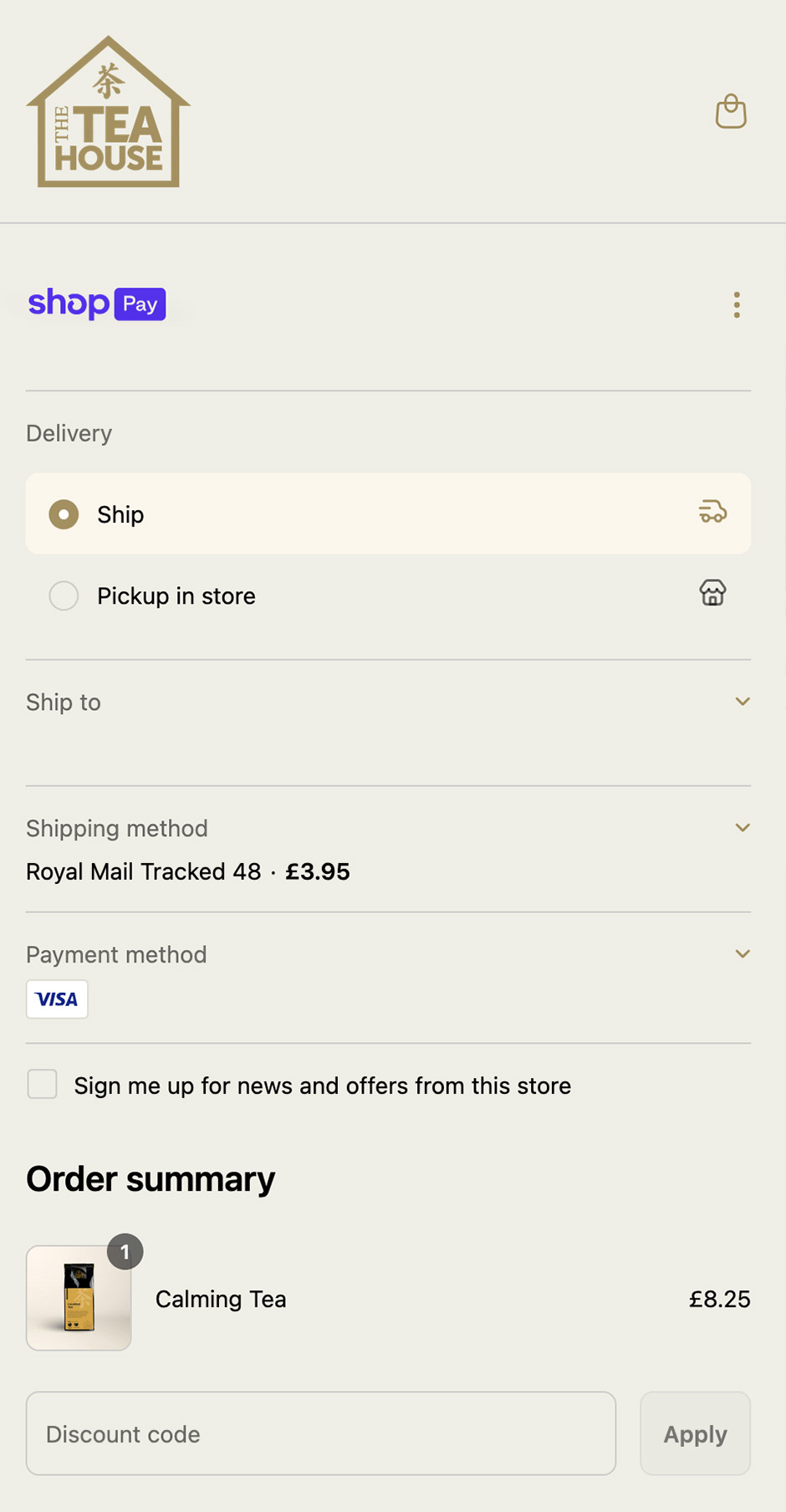 Shopify website design for The Tea House Mobile View Checkout