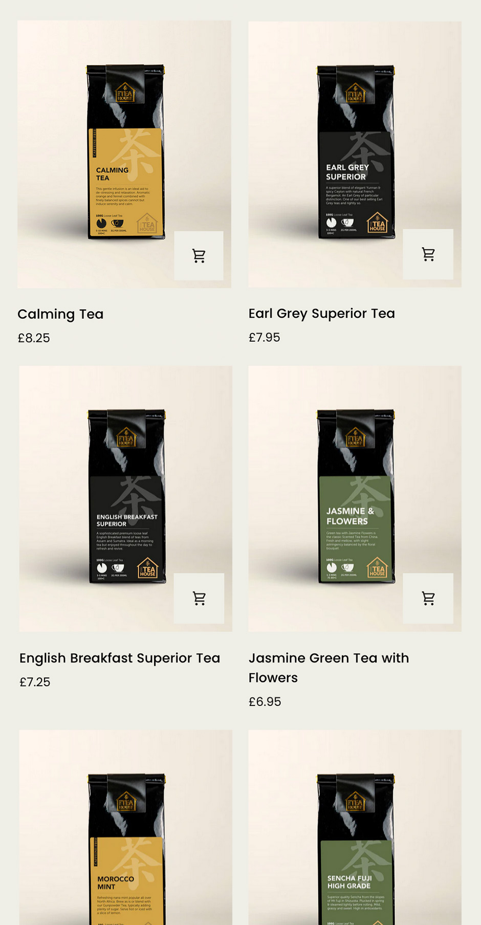 Shopify website design for The Tea House Mobile View Catagory Page
